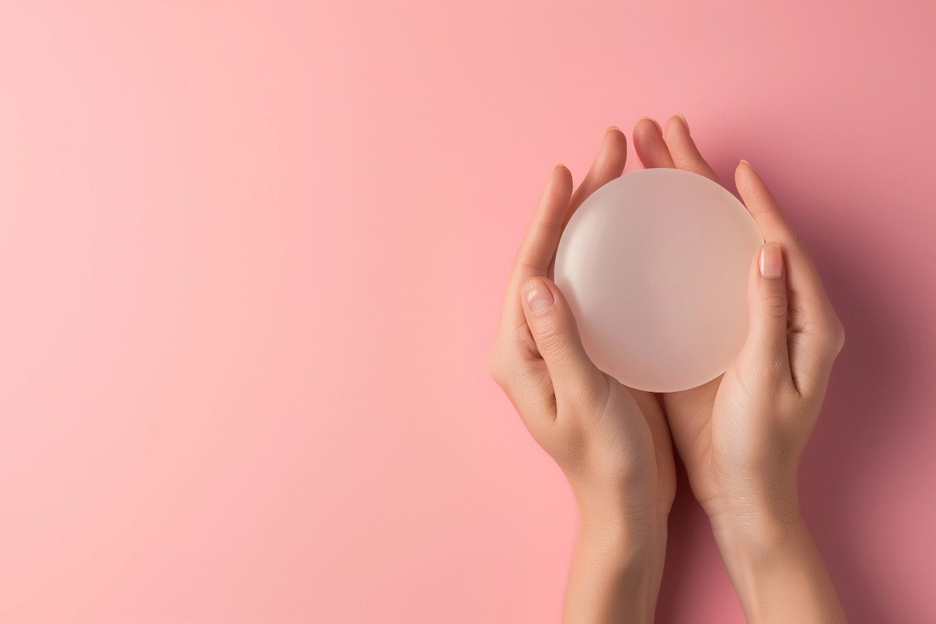 a concept for breast augmentation woman holding a translucent silicone over pink background